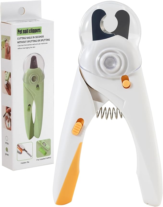 Pet Nail Clipper with Light for Cats & Small Dogs Puppies, Ultra Bright LED to Illuminate Nail Bloodline to Avoid Over Cutting, Extra-Sharp and Durable Cat Claw Trimmer with Nail File (White)-Mewly Pet