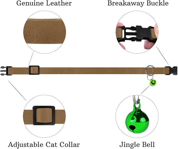 Breakaway Cat Collar Leather with Removable Bell - 13 Colors Available - Soft Adjustable Girl Boy Safety Lightweight Pet Kitten Collars Pink Brown Blue Green Red Orange Black (Brown)-Mewly Pet