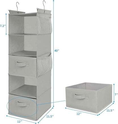MAX Houser 5 Tier Shelf Hanging Closet Organizer, Cloth Hanging Shelf with 2 Sturdy Hooks for Storage, Foldable (Light Grey-D2)