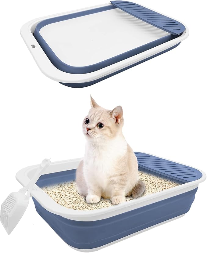 BNOSDM Collapsible Small Cat Litter Box for Kittens Open Potty Pan Foldable Cat Toilet with Scoop Senior Kitty Travel Shallow Litters Boxes Anti-Splash Waterproof Blue 17.7"×13.4"-Mewly Pet