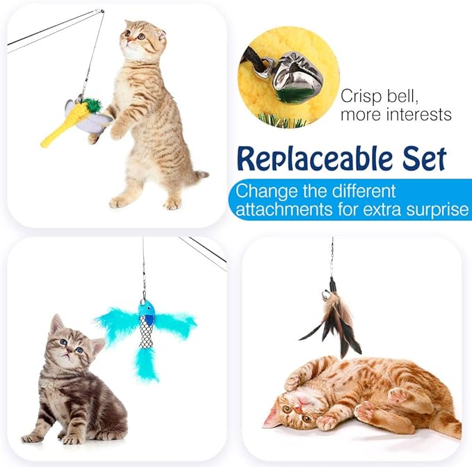 Pawaboo Cat Feather Toys, 4 Pack Interactive Cat feather Teaser Wand Toys, Retractable Fishing Pole Wand Catcher Exerciser with Refill Fish, Dragonfly Worm with Bells, Fun Cat Kitten Kitty Playing Toy-Mewly Pet