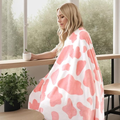 Flannel Cow Print Blanket Travel Size - Premium Lightweight Anti-Static Super Soft Cow Blankets, Lightweight Microfiber Winter Warm Cow Print Throw Blanket 50" x 60"(Pink Cow)