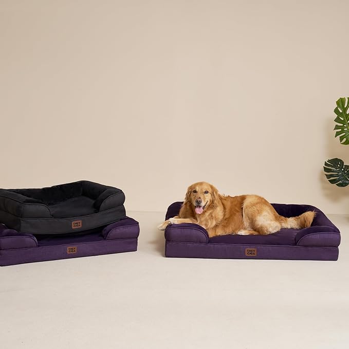 EHEYCIGA Orthopedic Dog Beds for Large Dogs, Waterproof Memory Foam Large Dog Bed with Sides, Non-Slip Bottom and Egg-Crate Foam Pet Couch Bed with Washable Removable Cover, Purple-Mewly Pet
