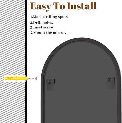 VooBang Arched Wall Mirror, 32 x 48 inch Arch Bathroom Mirror, Wall Mounted Vanity Mirror with Arch Metal Frame, Modern Bathroom Vanity Mirror for Bedroom, Living Room, Hanging or Leaning, Black