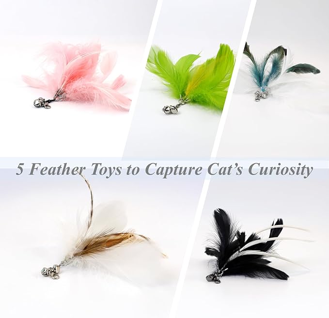 12PCS Interactive Cat Feather Wand Toy Set – 11 Bird & Feather Teaser Refills with Bells + Flexible Suction Cup Wand – Realistic Bird Design, Natural Materials, Indoor Cat Toys for Exercise & Play-Mewly Pet
