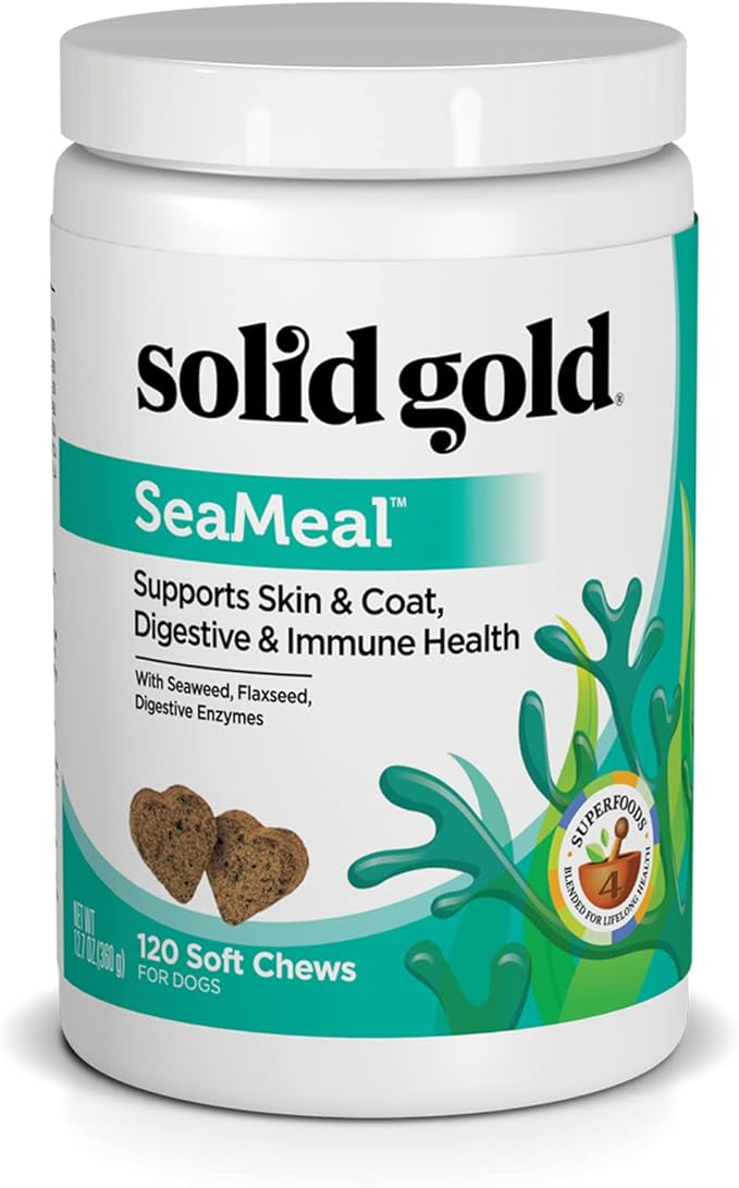 Solid Gold Cat & Dog Multivitamin Chews - Kelp, Omega 3 & Vitamins for Dental, Digestive, Immune, Skin & Coat Health - Multi Vitamin for Dogs & Cats - Sea Kelp Based Soft Chew for All Ages - 120ct-Mewly Pet
