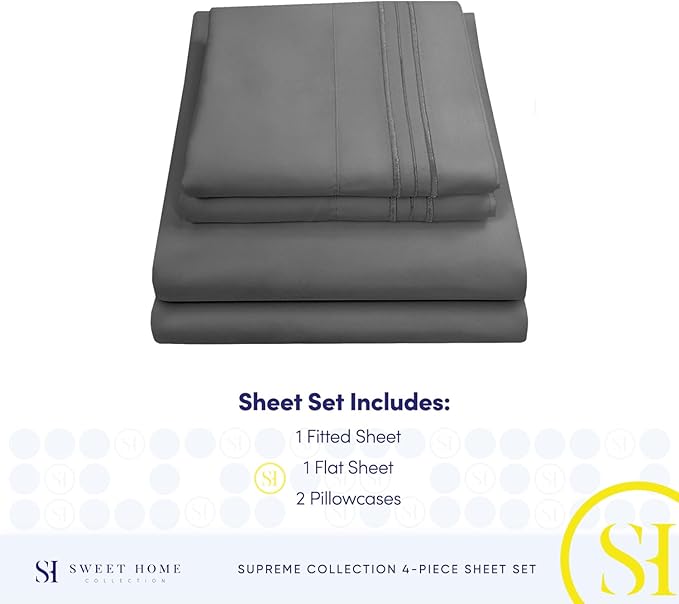 RV Queen Bed Sheets - Breathable Luxury Sheets with Full Elastic & Secure Corner Straps Built In - 1800 Supreme Collection Extra Soft Deep Pocket Bedding Set, Sheet Set, RV Short Queen, Gray