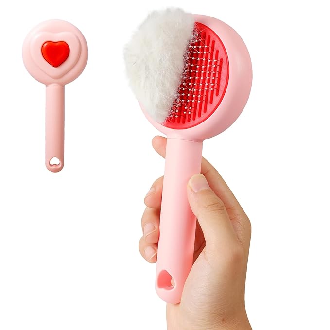 New cat brush&dog brush,pet hair brush with Self Cleaning Button Easy to remove loose undercoat，Needle-tip massage beads, no harm to the skin,Lovely Heart Series(Pink)-Mewly Pet