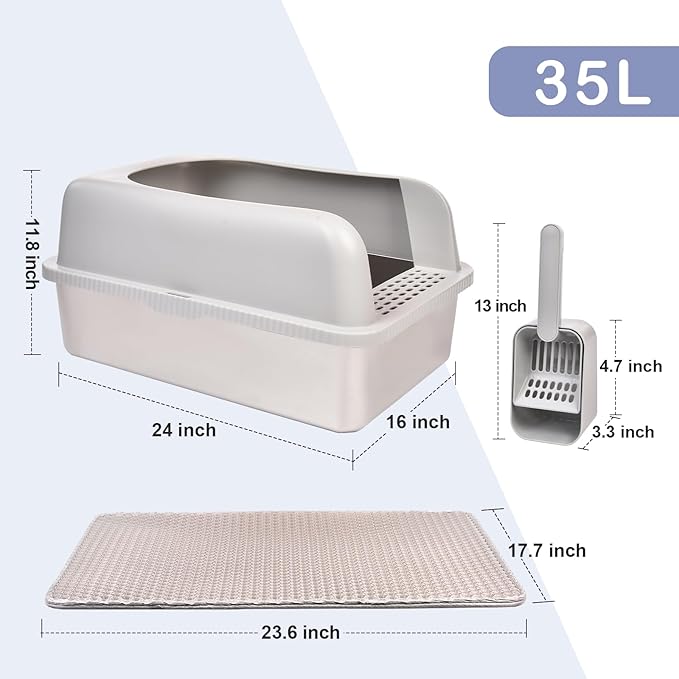 2 Pack Stainless Steel Cat Litter Box with Lid, 24" L x 16" W x 11.8" H, Extra Large Litter Box for Big Cats with High Sided, Anti-Urine Leakage, Easy Cleaning, Include Cat Mat and Scoop-Mewly Pet