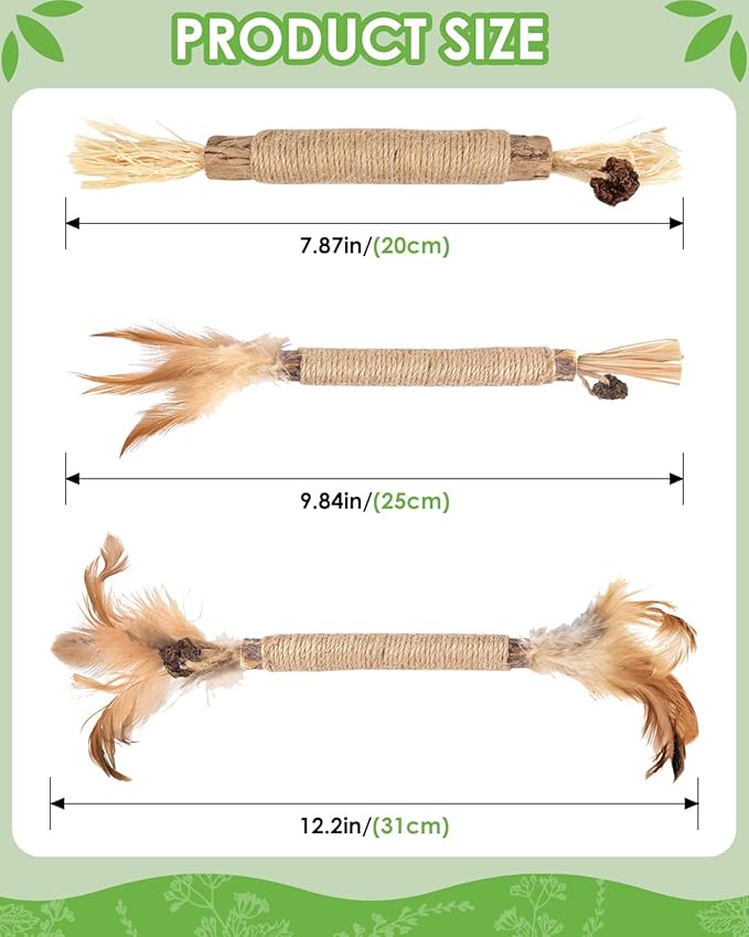 TINDTOP Silvervine Sticks for Cats with Natural Feather, Catnip Chew Toys for Kittens Teeth Cleaning, Increase Appetite, Calm Cat Anxiety and Stress, Cat Dental Toy (3 Pack)-Mewly Pet