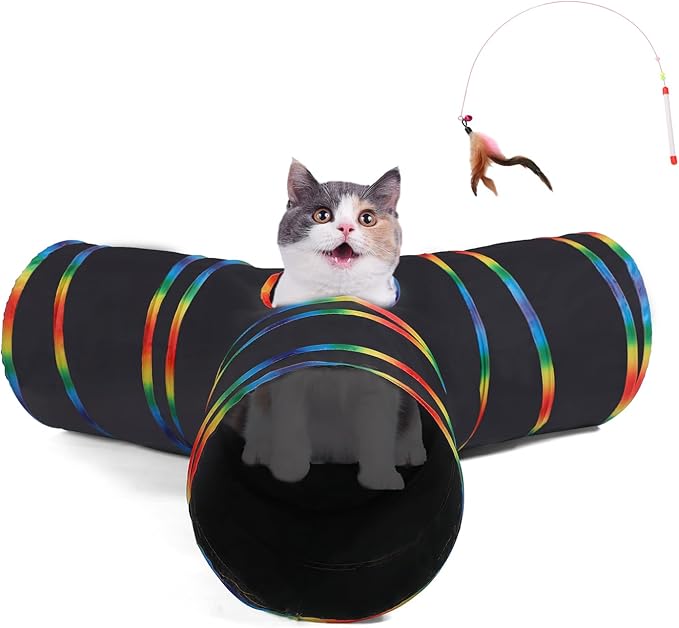 LUCKITTY Cat Tunnels Tube Toy with Plush Ball & Cat Wand Feather Toys-Portable Tattaff Waterproof Washable-Interesting Geometric Pattern Collapsible-3 Way Black Rainbow-Mewly Pet