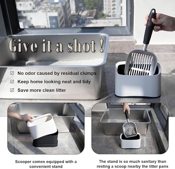 Heavy Duty Cat Litter Scoop with Holder - All Metal Cat Litter Scooper with Holder - Speed Sifter Litter Box Scooper Captures All Clumps - Aluminum Cats Littter Scooper and Caddy-Mewly Pet