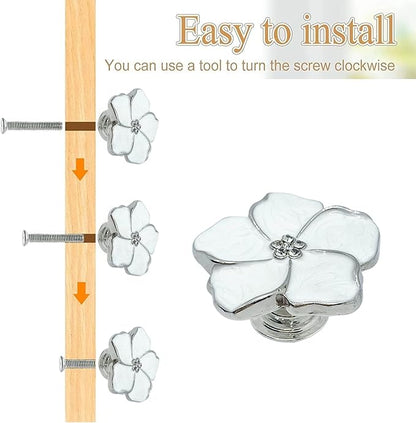 4pcs White Flower Petal Handles Kitchen Cabinet Drawer Knobs & Pulls (Silver, 8 Screws)