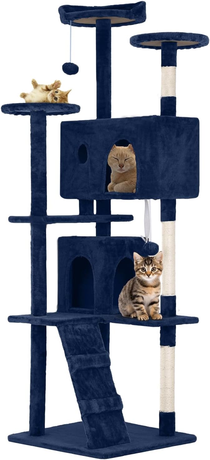 54.7 inches Cat Tower - Multi-Level Cat Condo with Scratching Posts, Hanging Toys, Navy Blue-Mewly Pet