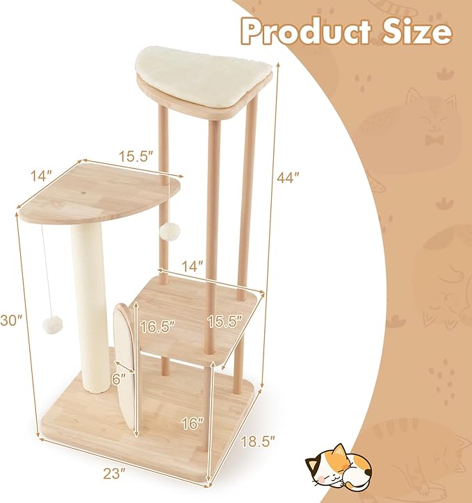 Tangkula Wood Cat Tree for Indoor Cats, Multi-Level Modern Cat Tower with Sisal Scratching Board & Post, Padded Perch, Platform, Hanging Toy, Minimalist Kitten Activity Center for Small & Medium Cats-Mewly Pet