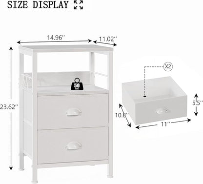 Furologee Nightstand Bedside Table with 2 Fabric Drawers, White Side Table with 2-Tier Shelf, Night Stand with Hooks, for Bedroom, Living Room, Backboard Design, Wooden Top, Metal Frame, White