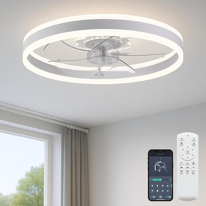 Ceiling Fan with Light, Upgraded 20‘’ Low Profile Fan, Flush Mount Ceiling Fan, 6 Speeds, Dimmable LED, App & Remote Control, Quiet DC Motor, for Bedroom, Living Room, F105 White