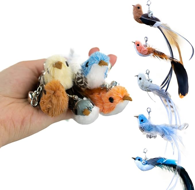 Leo's Paw Interactive Bird Simulation Cat Toy Set Realistic & Colorful with Feathers & Bells on Wand Stimulating Real-Life Flying Bird Impression for Hunting Exercise & Play (Replacement Birds 5 PCS)-Mewly Pet