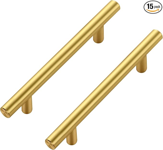 JOY DECOR 15 Pack Cabinet Handles, Gold Cabinet Pulls, 4 in Hole Center Kitchen Cabinet Handles, Stainless Steel T Bar Handles for Dresser Drawers