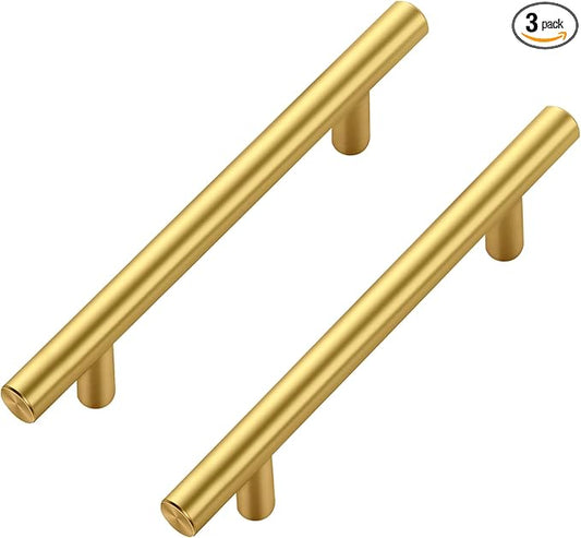 JOY DECOR 3 Pack Cabinet Handles, Gold Cabinet Pulls, 4 in Hole Center Kitchen Cabinet Handles, Stainless Steel T Bar Handles for Dresser Drawers