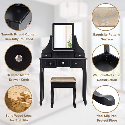 CHARMAID Makeup Vanity Set with Mirror and Cushioned Stool, Dressing Table with 5 Drawers and Removable Storage Organizers, Bedroom Makeup Table with Stool for Women Girls (Black)