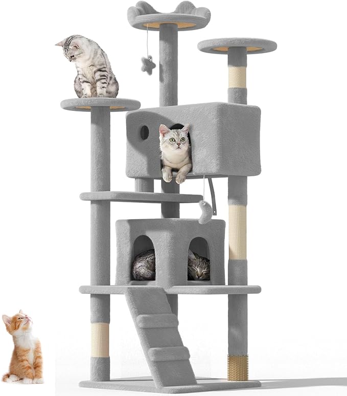 60'' Cat tree Tower for Indoor Cats Large Adult,Cute/Tall Modern Cat Tree for Big Cats 20 lbs,Plush Multi-Level Cat Condo with Scratching Posts,Dangling Ball for fun play(Light Gray, 60 inch)-Mewly Pet