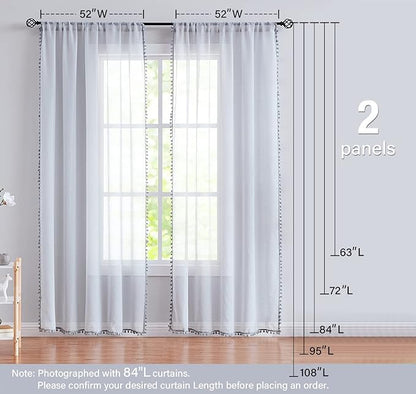 Treatmentex Pom-Pom Grey Sheer Curtains for Bedroom 63" Window Drapes Rod Pocket Textured Sheer Curtain for Kids Room 52" w 2 Panels
