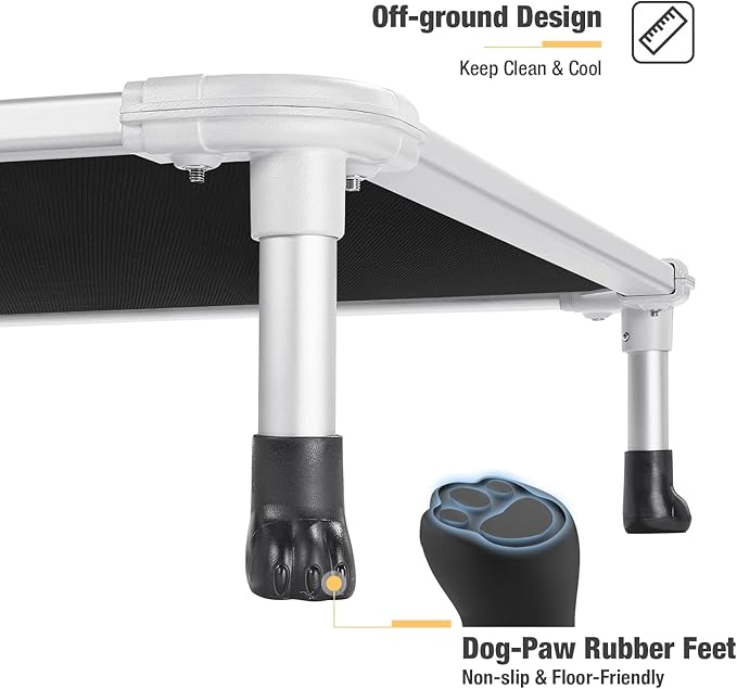 Veehoo Chew Proof Elevated Dog Bed - Cooling Raised Pet Cot - Silver Aluminum Frame and Durable Textilene Mesh Fabric, Unique Designed No-Slip Feet for Indoor or Outdoor Use, Black, 42"x 31"-Mewly Pet