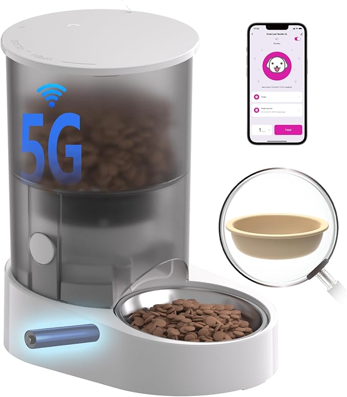 PAPIFEED Automatic Cat Feeder, 4L Auto Dog Cat Feeder with Rechargeable Battery & Dual-Band WiFi (2.4G & 5G), Automatic Pet Food Dispenser for Outdoor Travel Home - Ceramic Bowl Included-Mewly Pet