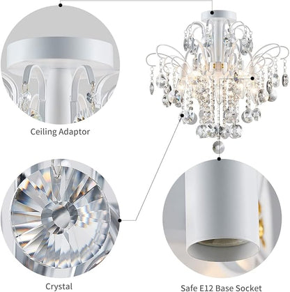 WUZUPS Crystal Chandelier Flushmount Ceiling Light Modern Lighting Fixture for Bedroom Hallway Bar Kitchen Bathroom, H 17.5'' x W 19.3'', E12 Base, White