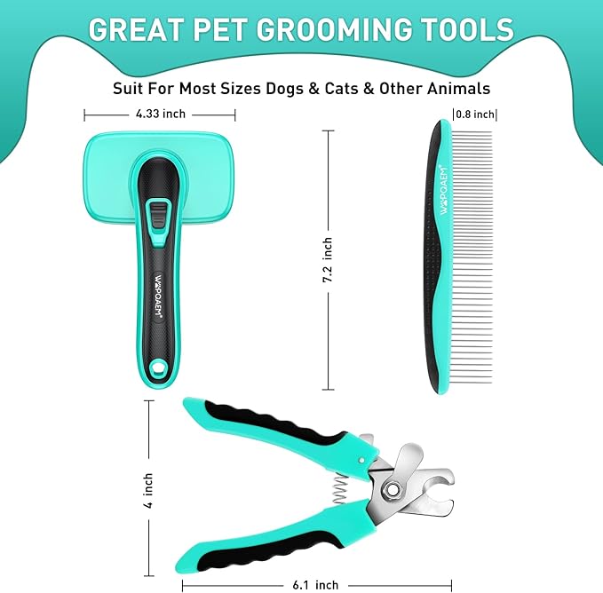 Dog Brush Kit for Grooming Short Long Haired Cats, 3 in 1 Dog Grooming Set for Small Animals, Puppy Self-Cleaning Slicker Brush for Shedding Medium & Large Dogs. Free Pet Comb + Nail Clippers-Mewly Pet