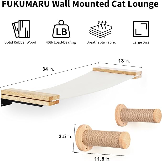 FUKUMARU Cat Wall Furniture, 2 PCS Climbing Shelves Set, Solid Rubber Wood Cat Shelf, Cats Perches for Wall Sleeping, Playing, Jumping and Lounging, 16 inch Drywall Installation-Mewly Pet