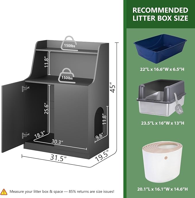 Large/Tall Litter Box Enclosure, Modern Wooden Litter Box Furniture for XL Litterbox with Open Shelf as Sideboard Cabinet (Black)-Mewly Pet