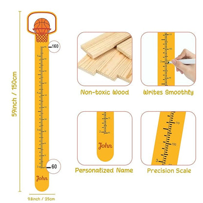 Personalized Growth Chart for Wall, Wooden Height Chart for Kids, Cute Height Measurement for Child/Girls/Boys, Baby and Toddler's Playroom/Kid's Room/Nursery Decor, Basketball