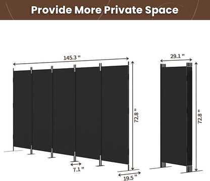JAXPETY Room Divider 5 Panel Privacy Screen Wall Dividers for Room Separation Flexible Partition Folding Portable Room Partition for Office 145" W x 73" H, Black