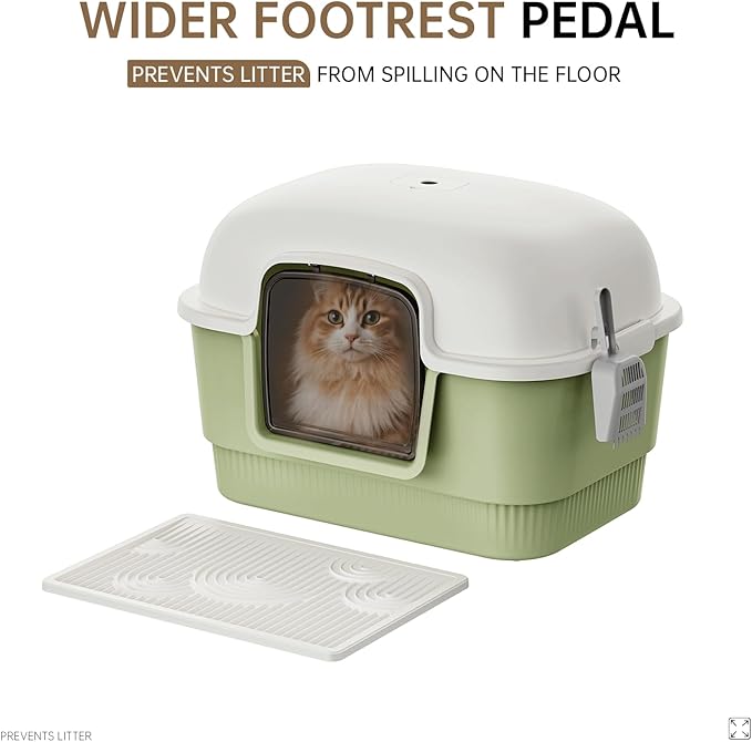 Cat Litter Box with Litter Mat and Scoop,High Wall Enclosed Cat Litter Boxes for Anti-Leakage, Covered Kitty Litter Box with Handle and Buckles for Portability and Privacy, Odor Control (Green)-Mewly Pet