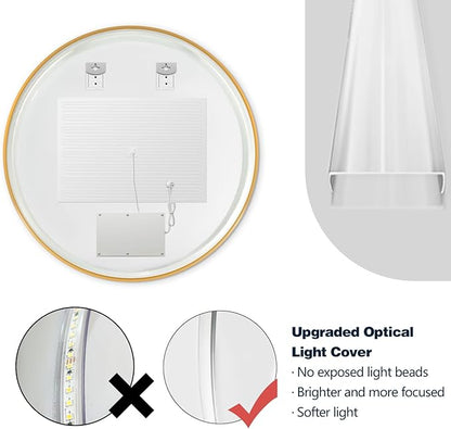 Niccy Round Led Mirror for Bathroom, 32" Backlit Mirror for Wall Circle Lighted Mirror with Gold Frame Anti-Fog, 3 Colors, HD Glass and IP65 Waterproof