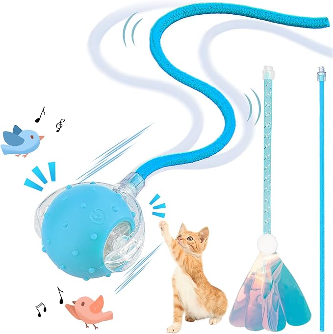 Interactive Cat Toys Ball for Indoor Cats, Automatic Agile Rolling Cat Ball with Elastic Mesh Tail, Bird Chirping & Motion Activated, 2 Tail Accessories, Kitten Toy for Bored (Blue)-Mewly Pet