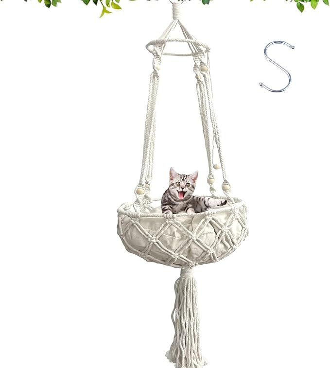 kathson Macrame Cat Hammock with Cushion,Handwoven Cats Bed,Hanging Indoor Boho Kitten Swing Beds for Playing Sleeping Climbing and Lounging(XL)-Mewly Pet