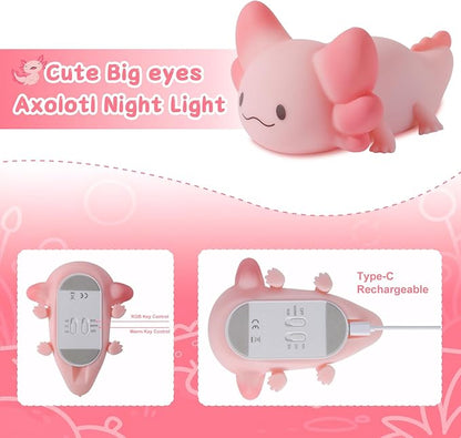 ZKLiLi Axolotl Kids Night Light,Squishy Cute Lamp Dimmable Childrens Night Light Gifts for Baby with Timer & 16 Colors,Rechargeable Bedroom Smart LED Bedside Lamps Toddler Night Light