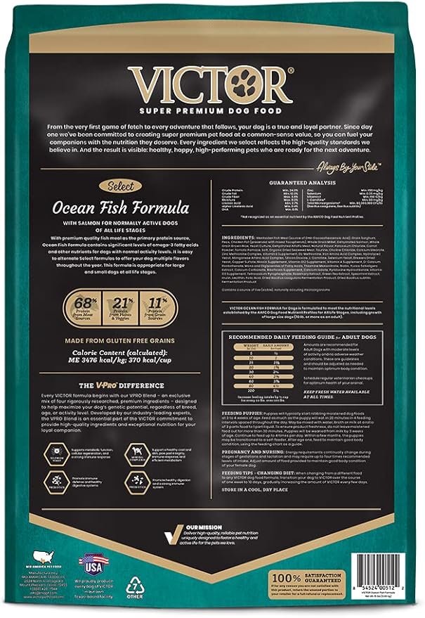 VICTOR Super Premium Dog Food – Select Ocean Fish Formula with Salmon – Omega-3 and Omega-6 Enriched Gluten-Free Dry Kibble for All Normally Active Dogs of All Life Stages, 15lbs-Mewly Pet