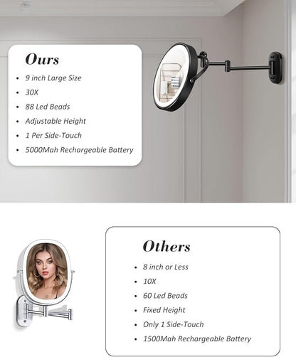 30X/1X Wall Mounted Lighted Makeup Mirror, 9'' Height Adjustable Double Sided 5000mAh Rechargeable Magnifying Bathroom Mirror with Light, 3 Color Modes Touch Dimmable Extended Arm 360 Rotation