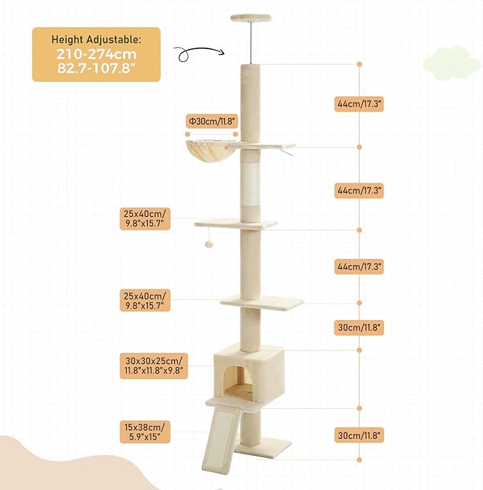 PEQULTI Floor to Ceiling Cat Tree, Tall Cat Tower, Adjustable Height (83''-108'') 5 Levels Climbing Tree for Indoor Cats with Cat Condo, Cozy Hammock and Scratching Post, Beige-Mewly Pet