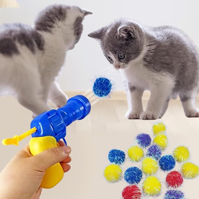 30 Pieces Sparkle Pom Pom Balls with Ball Bloster for Cat - Interactive Glitter Balls, Multicolor, Size of 1.2 inches, Best as Kitten Play Toys-Mewly Pet