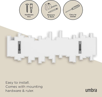 Umbra Sticks Wall-Mounted Coat Rack Rail Hook with 5 Retractable Pegs – Modern, Space-Saving Storage Organizer, White