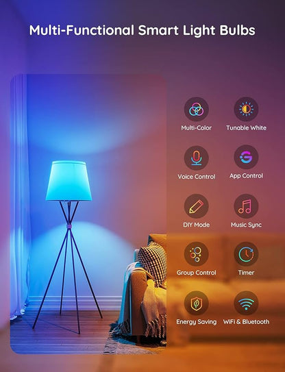 Govee Smart Light Bulbs, WiFi Bluetooth Color Changing Bulbs, Music Sync, 54 Dynamic Scenes, 16 Million DIY Colors RGB Light Bulbs, Work with Alexa, Google Assistant, 800 Lumen, 8 Pack