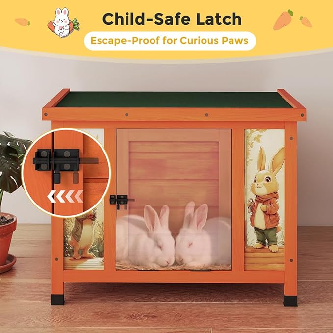 COZIWOW 24in Wooden Cat House Outdoor & Indoor Pet Shelter with Foldable Ramp - Weatherproof Rabbit Hutch with Unique Machine-Printed Art Designs for Cat, Rabbit, Guinea Pig (Orange)-Mewly Pet