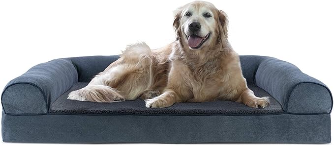 Furhaven Cooling Gel Dog Bed for Large Dogs w/ Removable Bolsters & Washable Cover, For Dogs Up to 95 lbs - Sherpa & Chenille Sofa - Orion Blue, Jumbo/XL-Mewly Pet