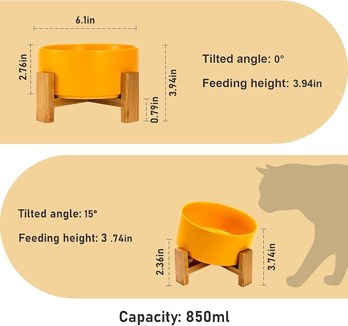 SPUNKYJUNKY 15° Slanted Ceramic Dog and Cat Bowl with Wooden Stand, Tilted Bulldog Food and Water Bowl No Slip Non-Spill for Cats Medium Dogs Big Face Pets 28.7 OZ (3.6 Cups, Yellow)-Mewly Pet