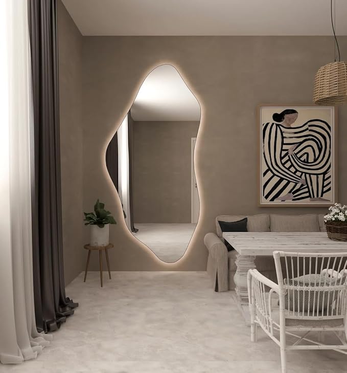 Asymmetrical Bathroom LED Mirror, Modern Irregular Shape Wall Mirror with LED Lights, Frameless Aesthetic Backlit LED Illimunated Vanity Mirror (25" x 13" inc)